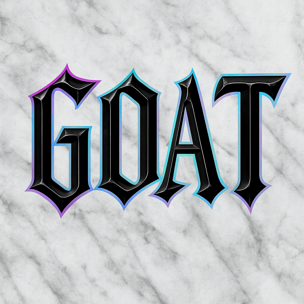 Gothic-style text 'GOAT' on a marble background